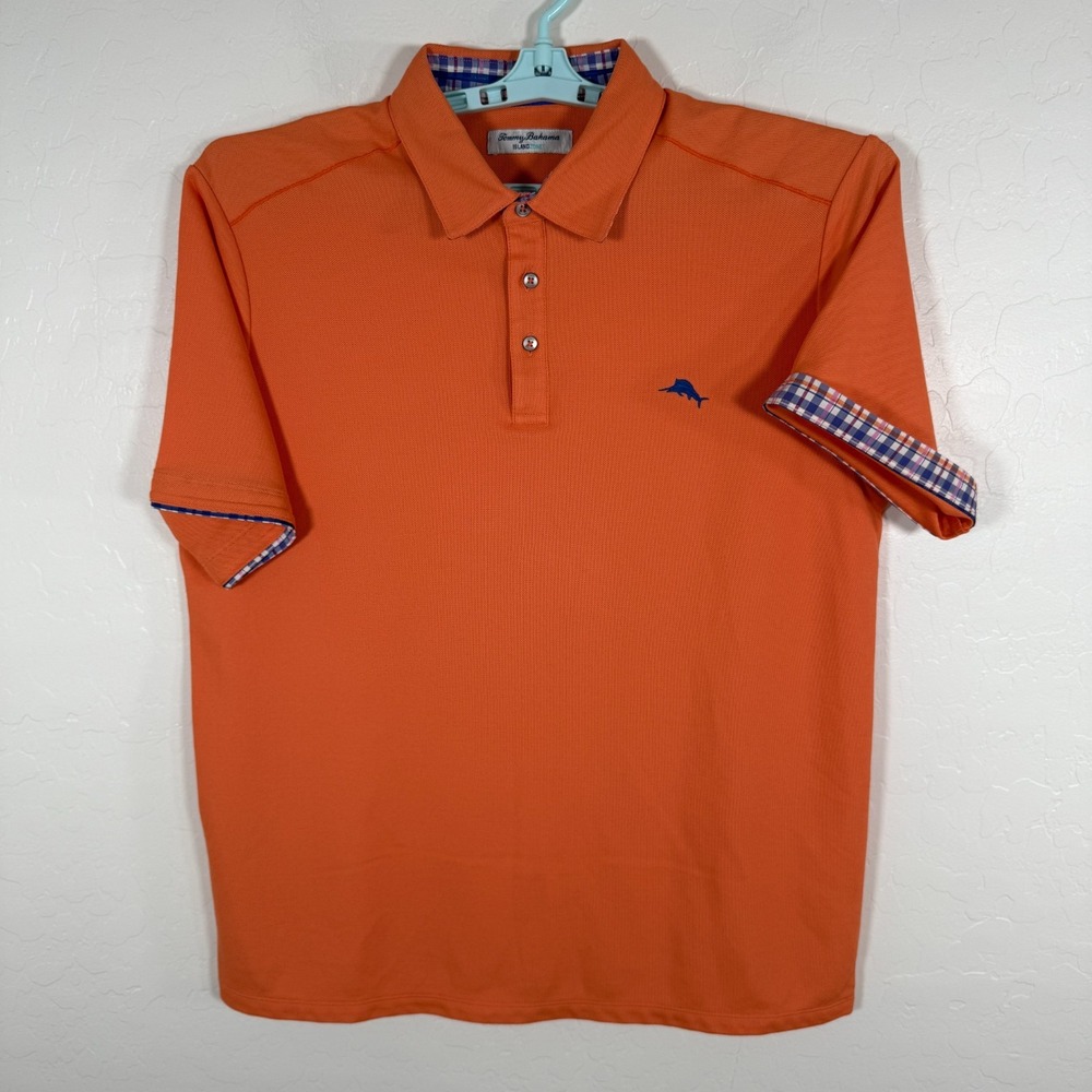 Tommy Bahama Polo Shirt Mens Large Orange IslandZone Flip‎ Cuff Plaid Supima